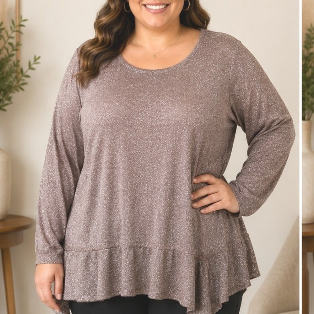 Womens 2X Plus Metallic Mauve Shimmer Ruffle Hem Long Sleeve Tunic Top Lagenlook